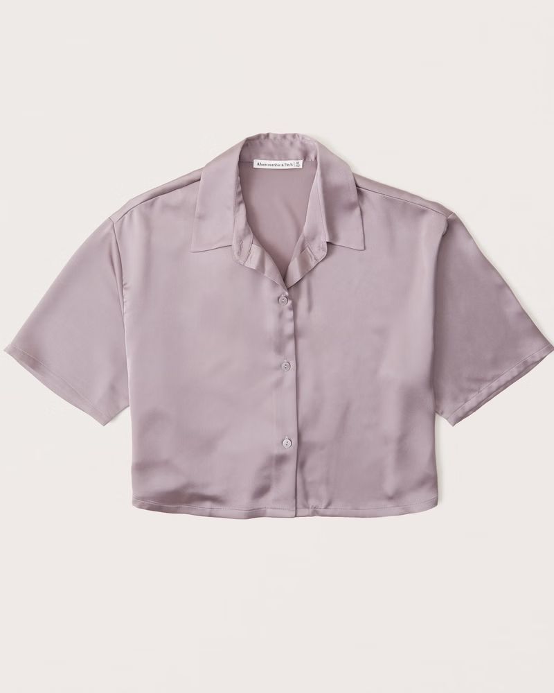 Women's Short-Sleeve Boxy Satin Button-Up Shirt | Women's Tops | Abercrombie.com | Abercrombie & Fitch (US)