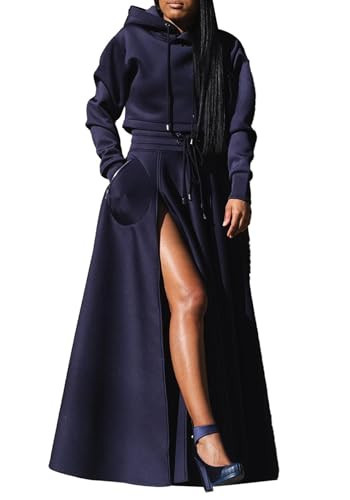 Seltaon Women's 2 Piece Outfits Long Sleeves Hoodie and High Waist Slit Skirt Maxi Skirt Tracksuit | Amazon (US)