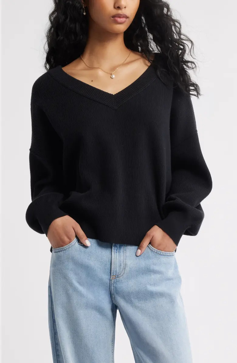 Seamed Oversize V-Neck Rib Sweater | Nordstrom