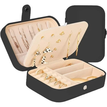 Jewelry Box Organizer Double Layer Leather Small Jewelry Travel Case Leather Jewelry Storage Case for Rings Earrings Necklace Bracelets Jewelry Gift for Girls Women (Black) | Walmart (US)