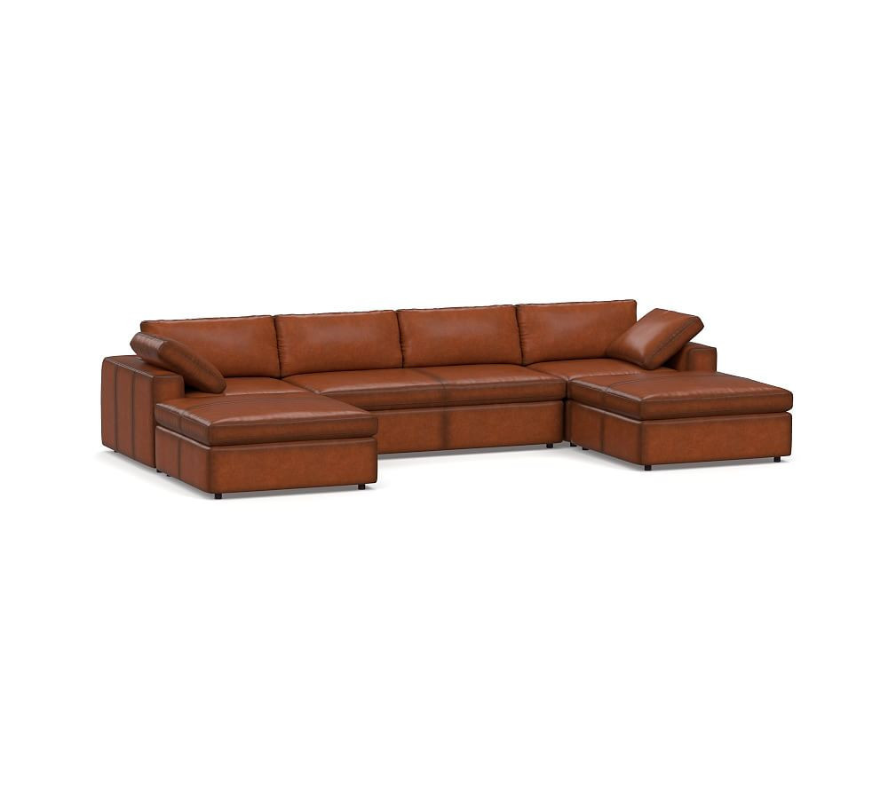 Dream Square Arm Leather 5-Piece U-Shaped Modular Sectional with Bench Cushion and Ottoman, Memory Foam Seat Cushions and Down Blend Wrapped Back Cushions, Burnished Saddle | Pottery Barn (US)