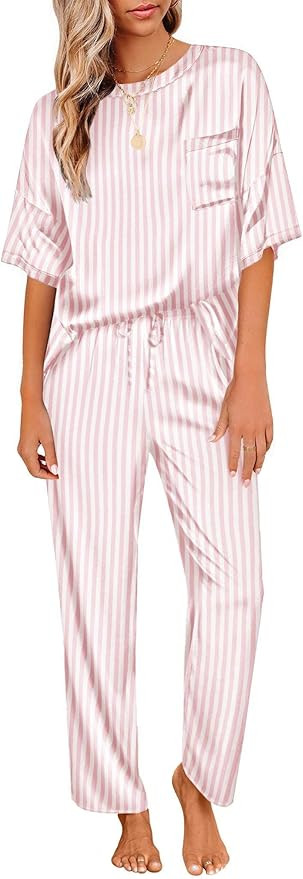 Ekouaer Womens Satin Silky Pajama Set Short Sleeve Shirt with Long Pajama Pant Set Soft PJ Lounge... | Amazon (US)