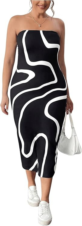 SOLY HUX Women's Plus Size Off Shoulder Sleeveless Bodycon Dress Sexy Strapless Midi Tube Dress | Amazon (US)