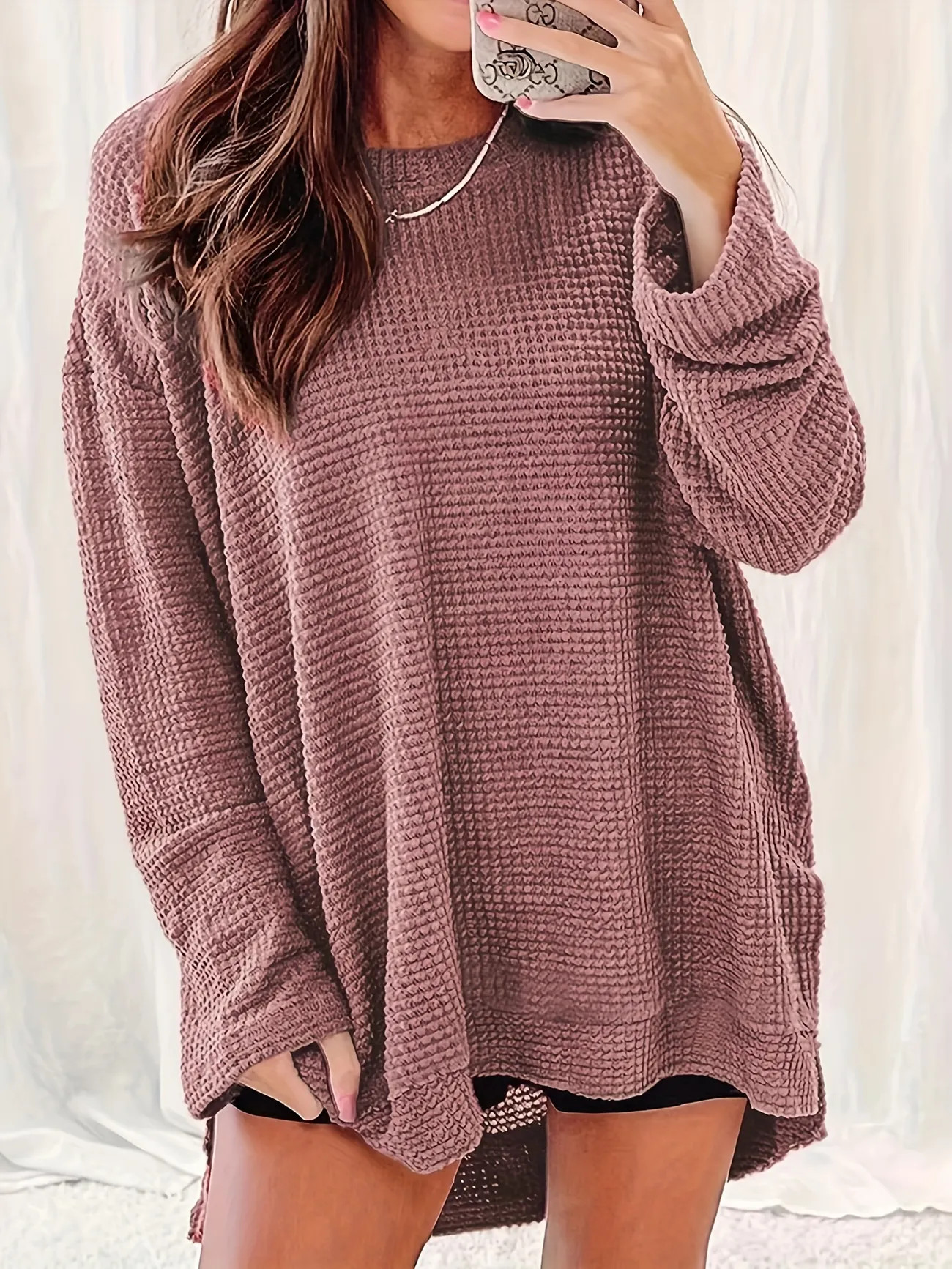 Plus Size Casual Top, Women's Plus Solid Waffle Long Sleeve Round Neck Slight Stretch Loose Fit T... | Temu Affiliate Program