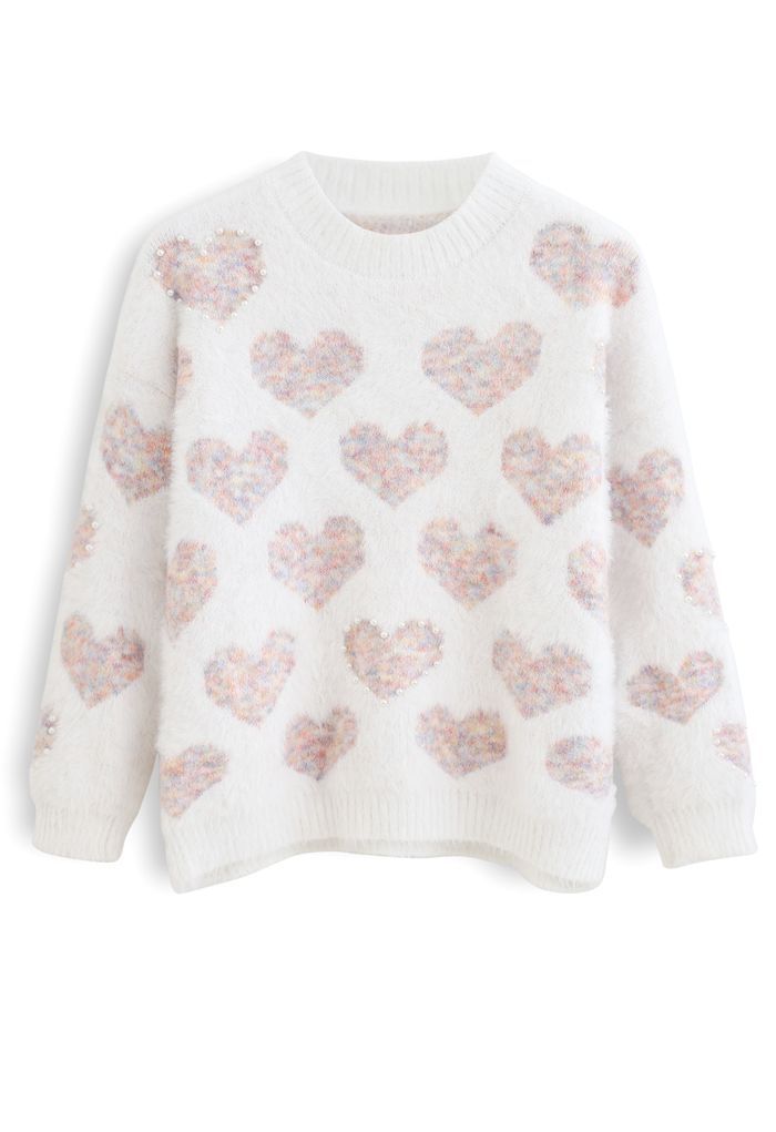 Fuzzy Pink Heart Pearl Trim Knit Sweater | Chicwish