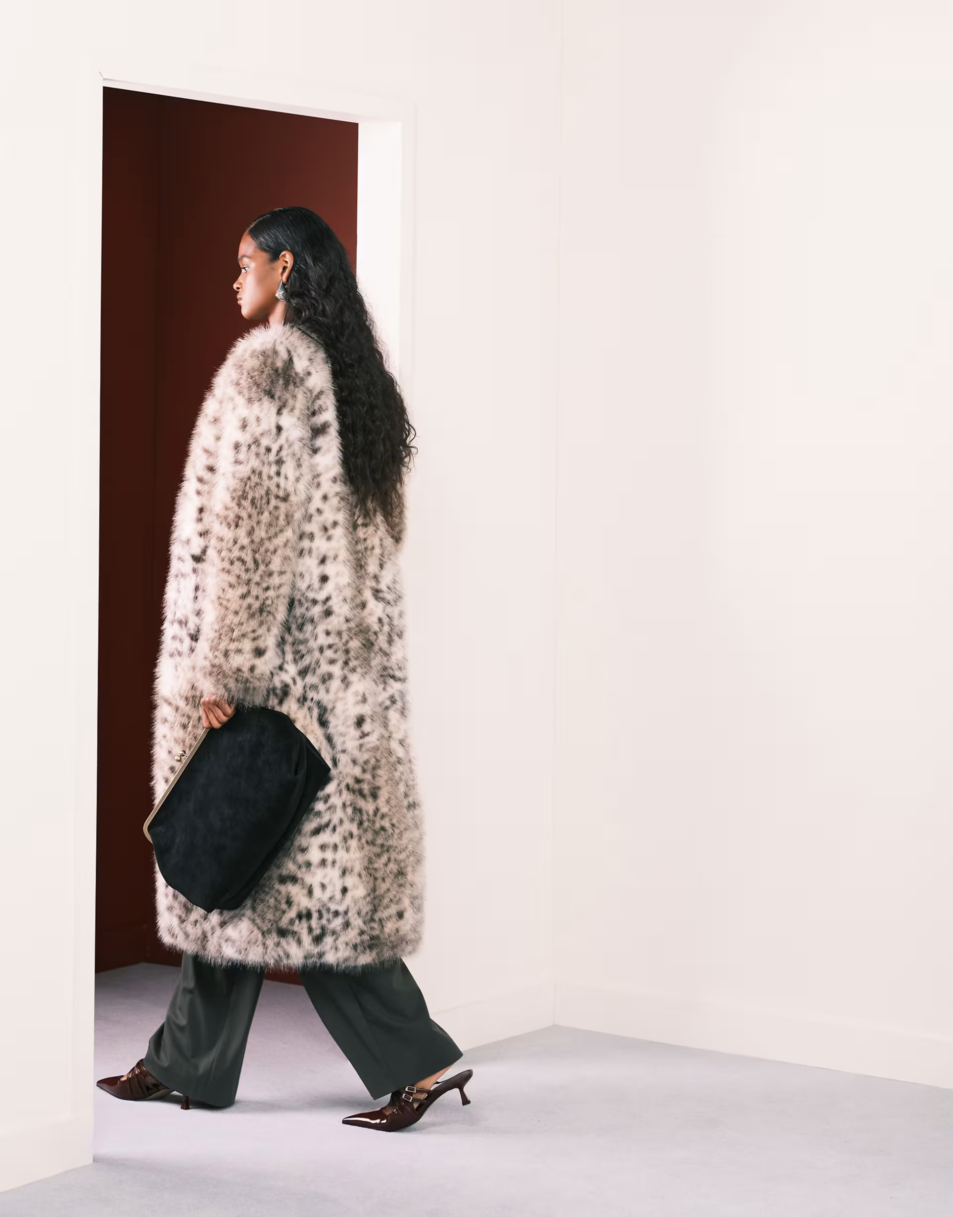 ASOS DESIGN collarless longline faux fur coat in snow leopard | ASOS (Global)