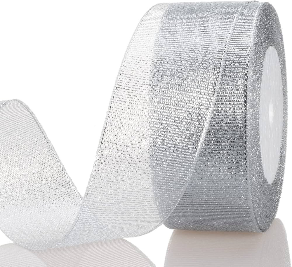 1 1/2 Inch Silver Glitter Ribbon, 25 Yards Sparkly Metallic Fabric Ribbons for Gifts Wrapping Wed... | Amazon (US)