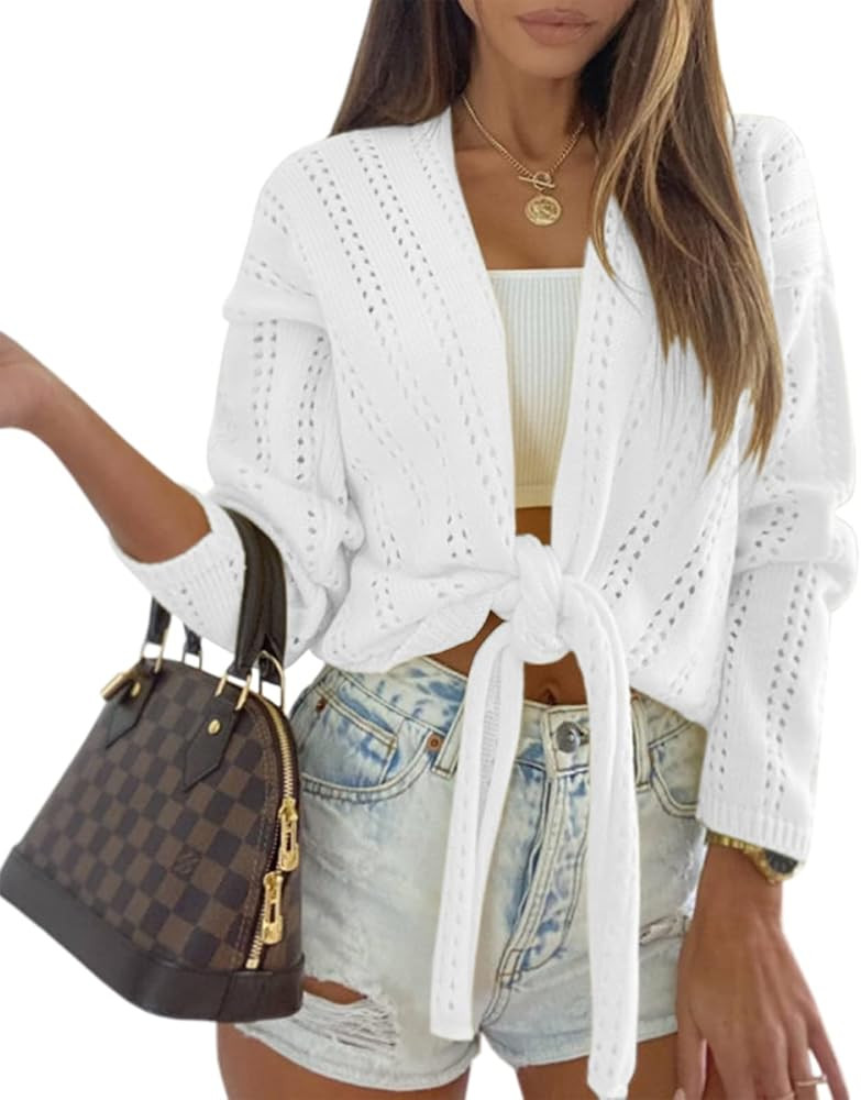 Dellytop Women's Crochet Tie Front Cardigan Boho Long Sleeve Lightweight Knitted Shrug Sweater Outwe | Amazon (US)