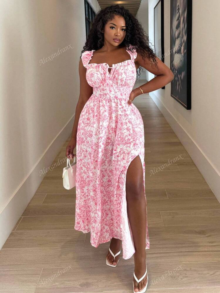 Alexandranx Summer Floral Print Dress With Ruffled Hemline And Side Split Maxi Women Outfit | SHEIN