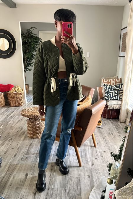 Casual ootd. Olive quilted jacket and night rise denim with chunky black boot  Jacket is $11 and denim is $20  

#LTKunder50 #LTKtravel #LTKunder100