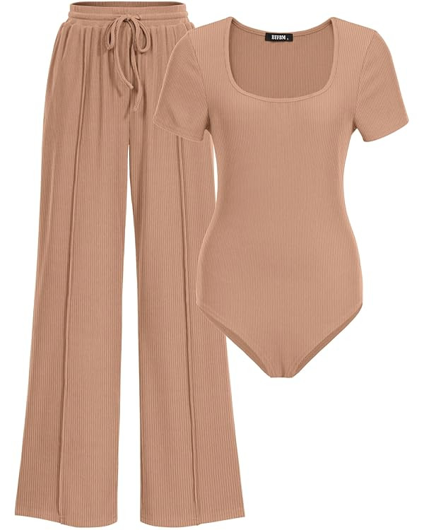 BTFBM Women's Casual 2 Pieces Outfits Square Neck Short Sleeve Shapewear Bodysuit Drawstring Pant... | Amazon (US)