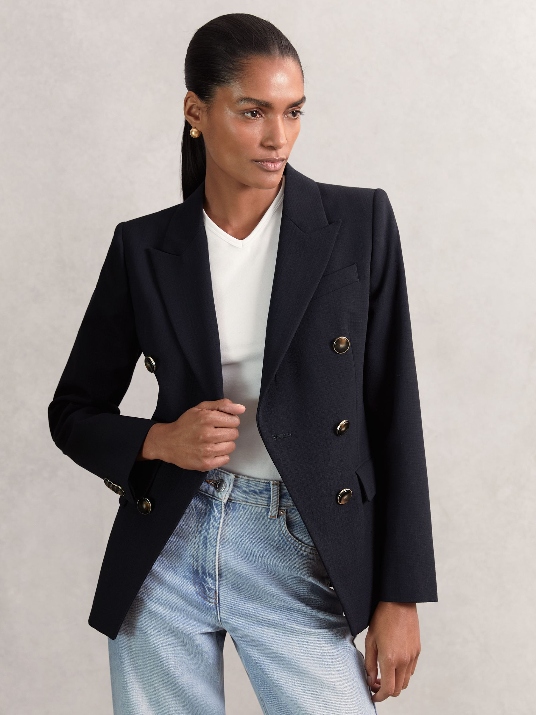 Reiss Wool-Blend Double-Breasted Blazer in Navy - REISS | Reiss UK