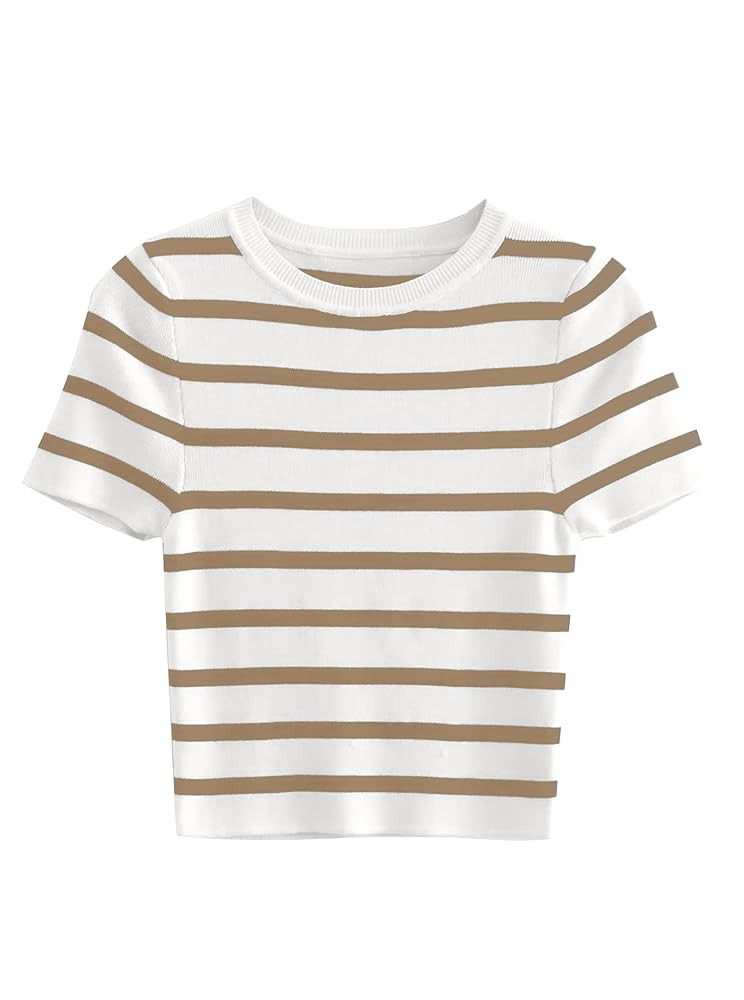 Avanova Women Striped Ribbed Knit Crop Tops Short Sleeve Sweater Basic Crew Neck Tee Shirts | Amazon (US)