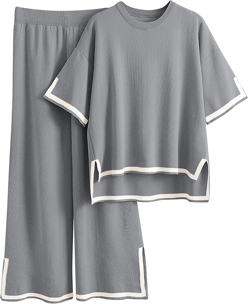 Tanming Sweater Sets Women 2 Piece Lounge Sets Short Sleeve Knit Pullover Tops Wide Leg Pants | Amazon (US)