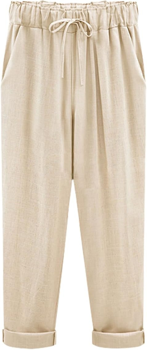 Yeokou Women's Casual Loose Baggy Linen Drawstring Summer Thin Cropped Harem Pants | Amazon (US)
