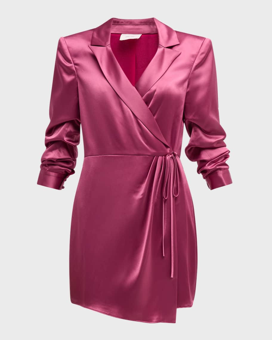 Cinq a Sept Sabina Scrunched-Sleeve Satin Mini Wrap Dress | Neiman Marcus