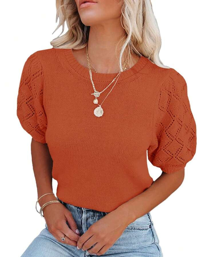 Womens Short Sleeve Lightweight Sweaters Crewneck Knit Pullover Tops With Crochet Sleeve Casual C... | SHEIN