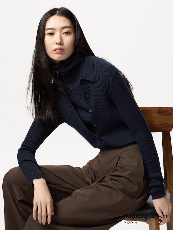 Merinowolle Strickjacke (gerippt, Polokragen) | UNIQLO (DE)