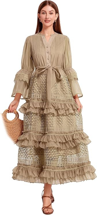 LAI MENG FIVE CATS Women's Bell Sleeves V-Neck Buttons Ruffle Layered Hem Hollow Princess Dress w... | Amazon (US)