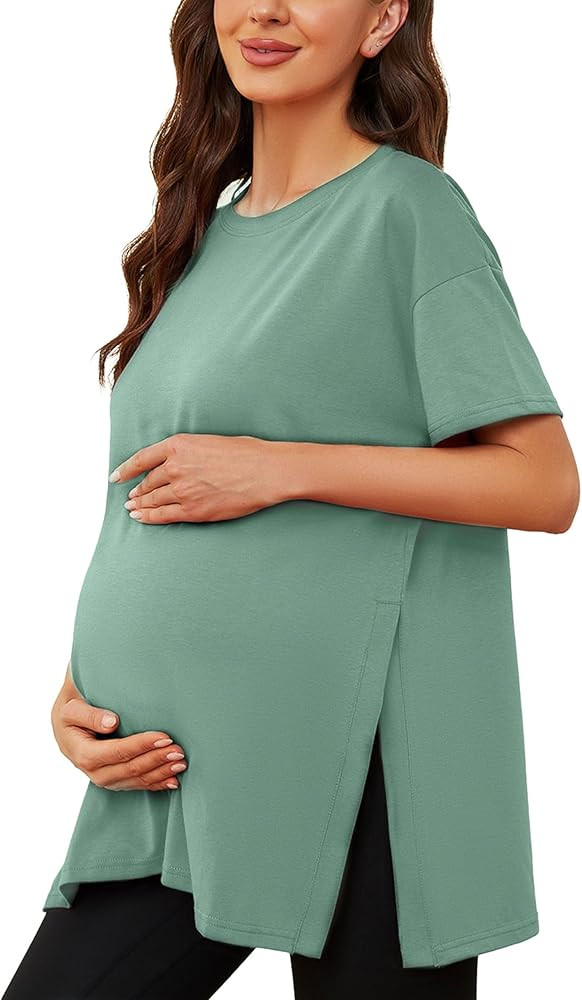 Ecavus Women's Casual Maternity Shirts Split Side Pregnancy Tops Blouses Short Sleeve Loose Fit M... | Amazon (US)