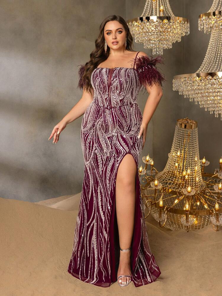 Faeriesty Curve Luxury Feather-Trimmed Off-Shoulder Evening Gown With Back-Tie Detailing, High-Leg Slit & Sequined Fish-Tail Skirt – Elegant Formalwear For Red Carpet Galas, Black-Tie Award Ceremonies, Gala Dinners, Charity Balls, And VIP Evening Events | SHEIN
