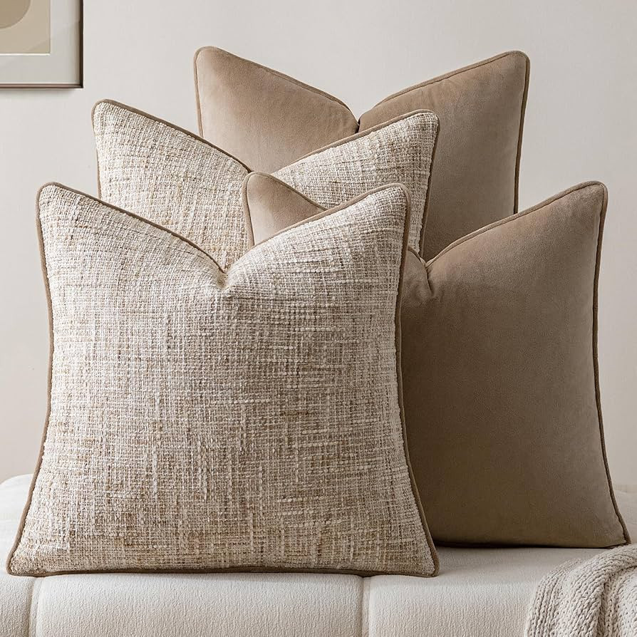a moment Khaki 4 Pack Throw Pillow Covers - Chenille & Velvet Set with Piping, Farmhouse Textured... | Amazon (US)