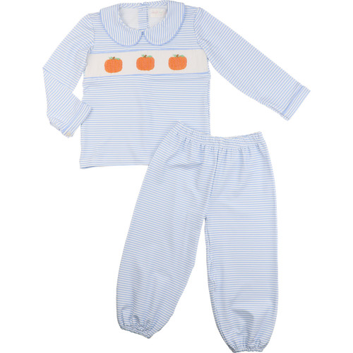 Blue Knit Stripe Smocked Pumpkin Pant Set | Cecil and Lou