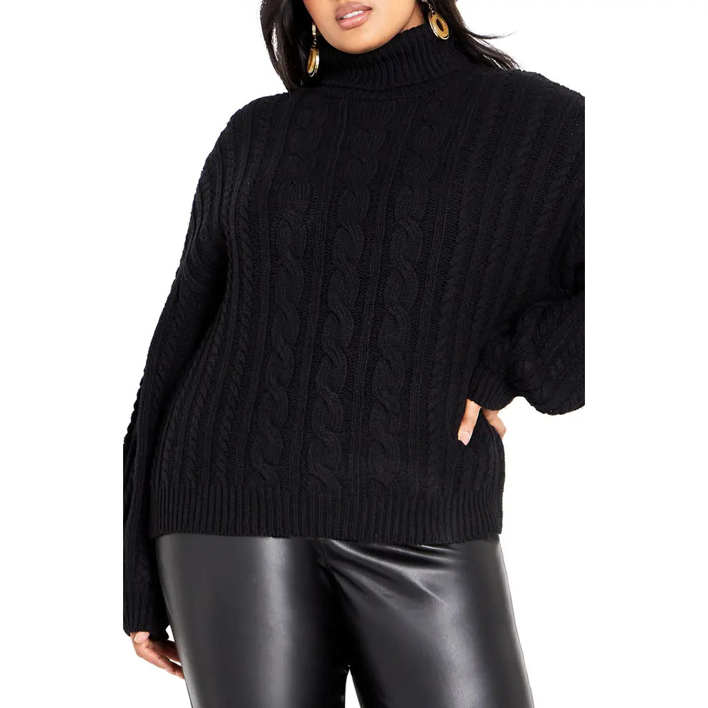 City Chic Avah Cable Stitch Turtleneck Sweater in Black at Nordstrom, Size Xs | Nordstrom