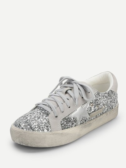 Star Detail Glitter Lace Up Sneakers | SHEIN
