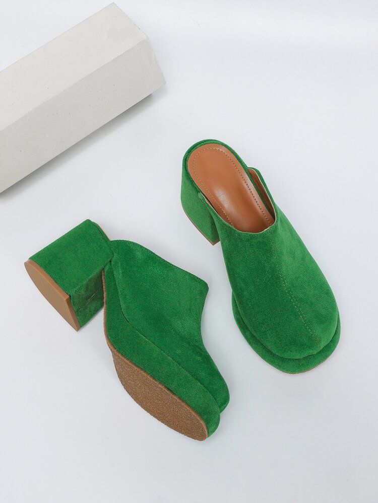 Fashion Green Mule Pumps For Women, Round Toe Faux Suede Platform Chunky Heeled Pumps | SHEIN