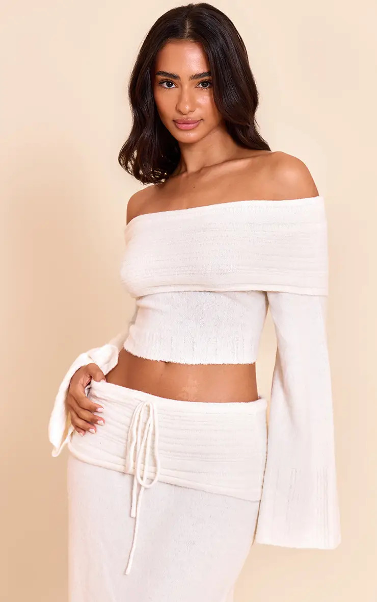 Petite Cream Rib Soft Knit Bardot Top | PrettyLittleThing US