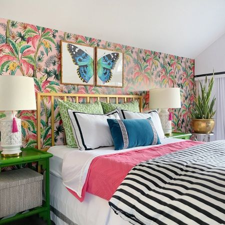 Girls room, Hollywood regency, bedroom, tropical, palm, butterfly print, green nightstand, black and white

#LTKhome