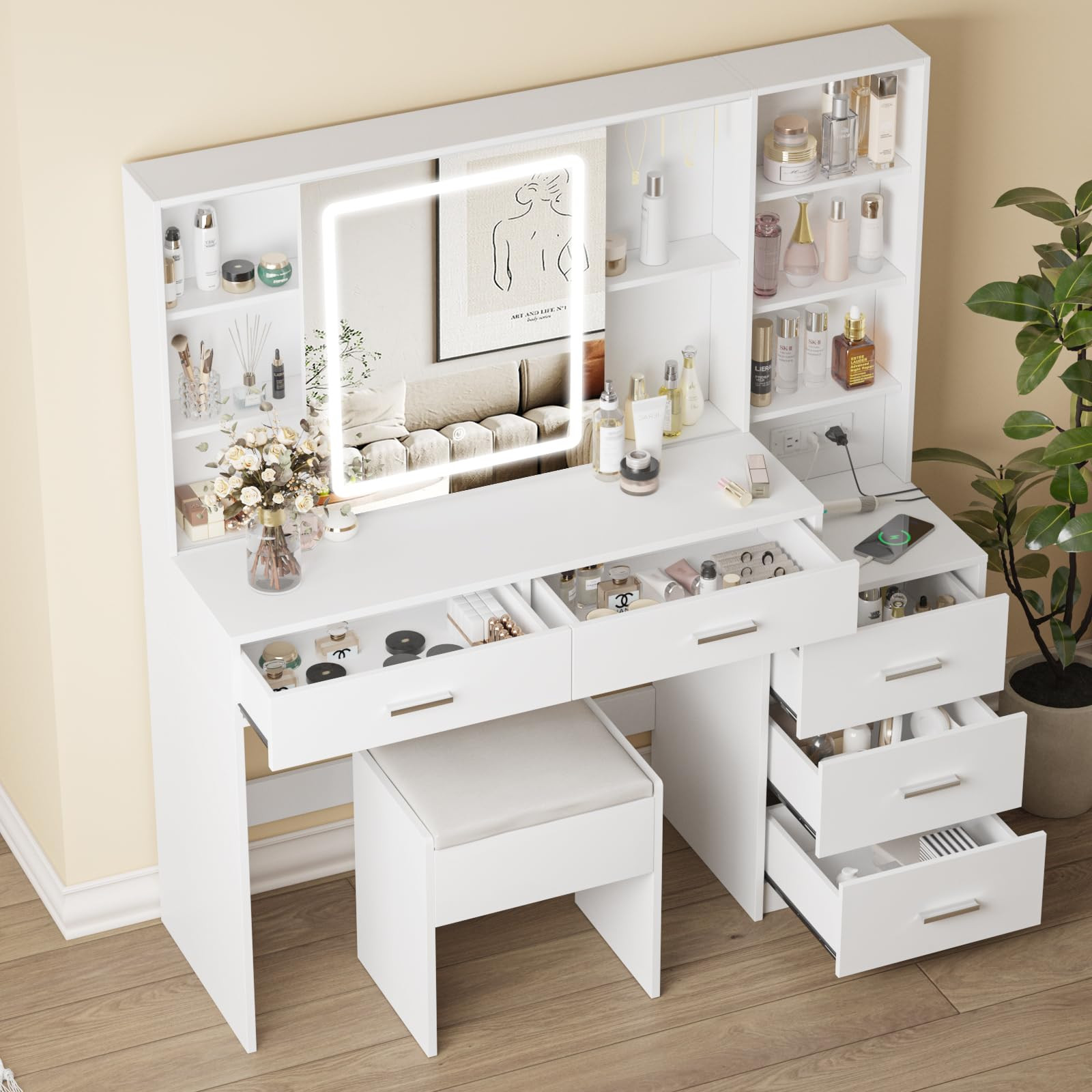 Fameill Vanity Desk with Mirror and Lights, Makeup Vanity with 5 Drawers, Makeup Desk with Chargi... | Amazon (US)