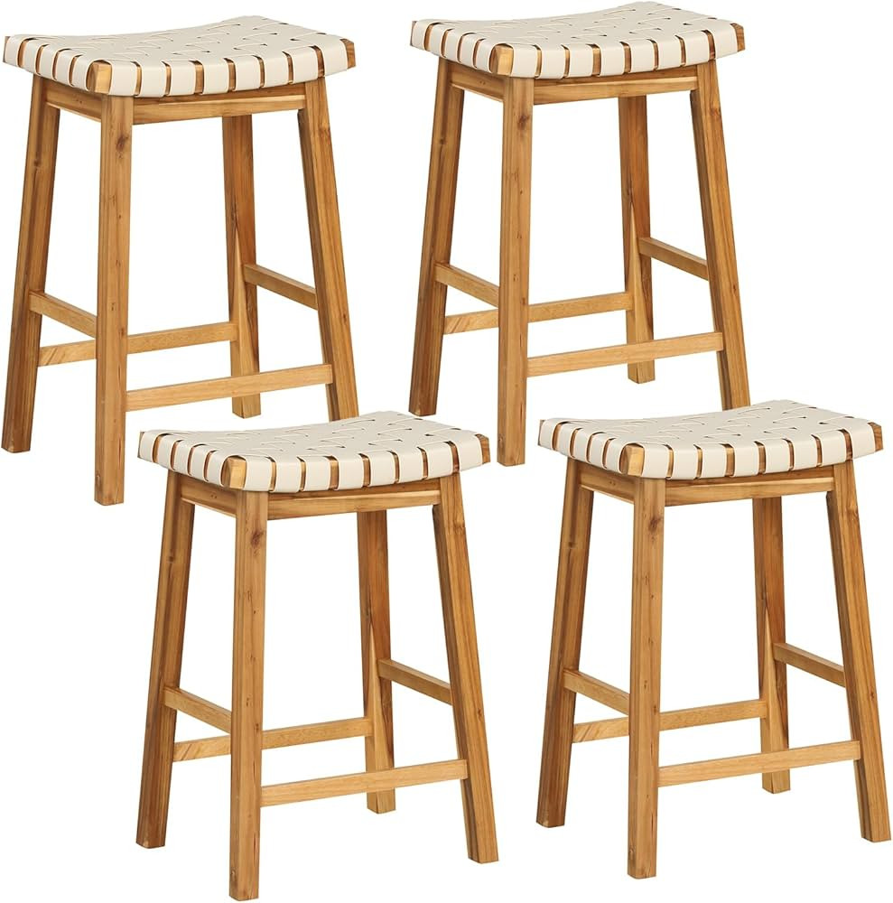 Giantex 25.5" Woven Bar Stools Set of 4, Faux PU Leather Counter Height Saddle Stools with Woven ... | Amazon (US)