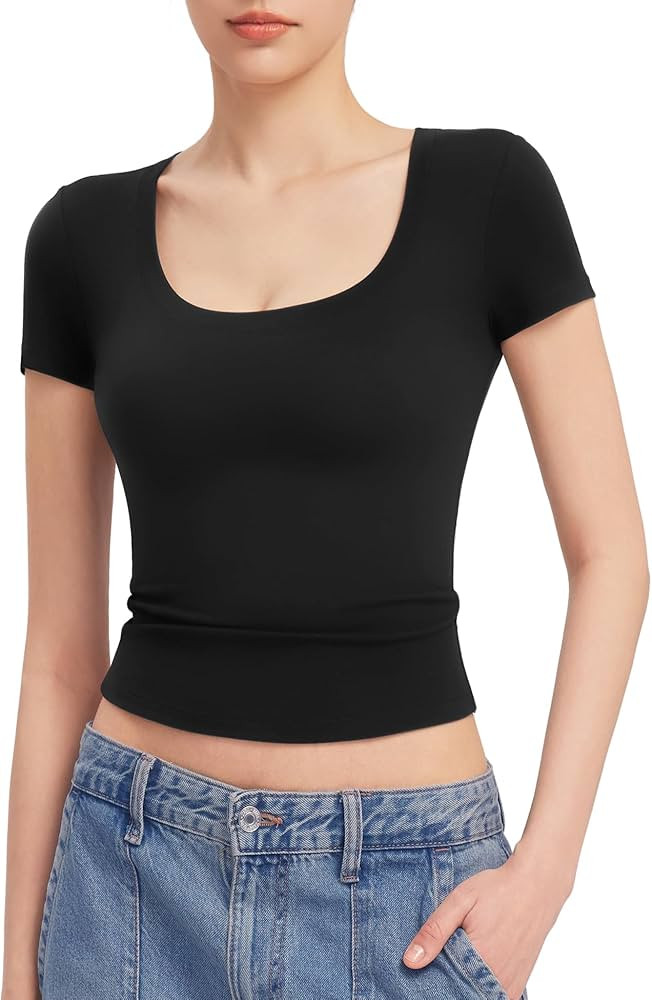 PUMIEY Women's T Shirts Short Sleeve Scoop Neck Basic Going Out Tops Fashion Slim Fit Tee Smoke C... | Amazon (US)