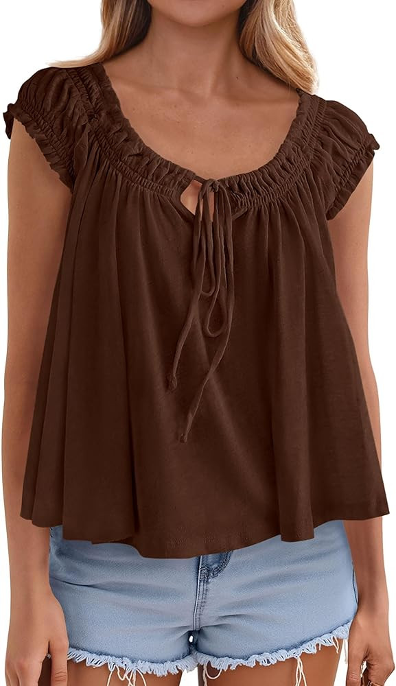 PRETTYGARDEN Women Babydoll Tops 2026 Summer Clothes Cap Sleeve Tie Front Flowy Tank Top Peplum B... | Amazon (US)