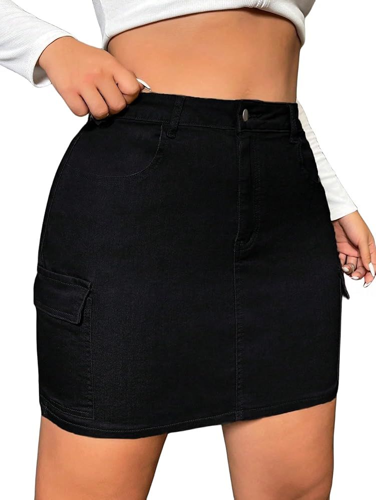 WDIRARA Women's Plus Size High Waist Cargo Denim Skirt Flap Pockets Zipper Fly Bodycon Mini Jean ... | Amazon (US)