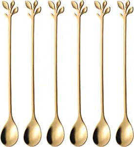 AnSaw Long Handle 7.4-Inch Leaf Teaspoons set, 6 Pcs Gold Stainless Steel Coffee stirring spoon | Amazon (US)