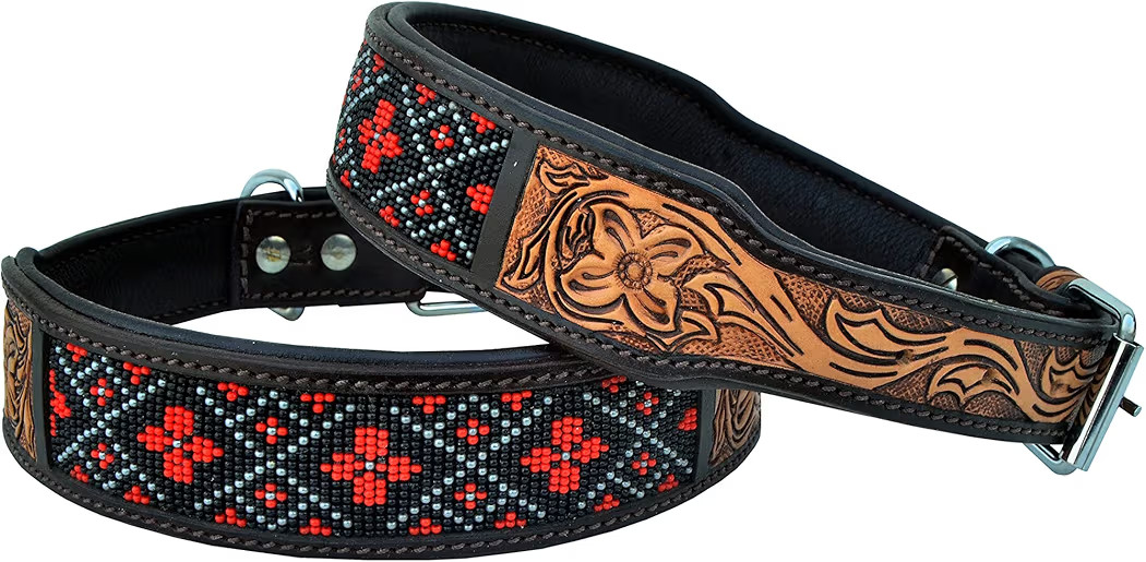 Leather Dog Collar Western Style Heavy Duty Hand Tooled Adjustable Beaded and Padded Soft for Pup... | Amazon (US)