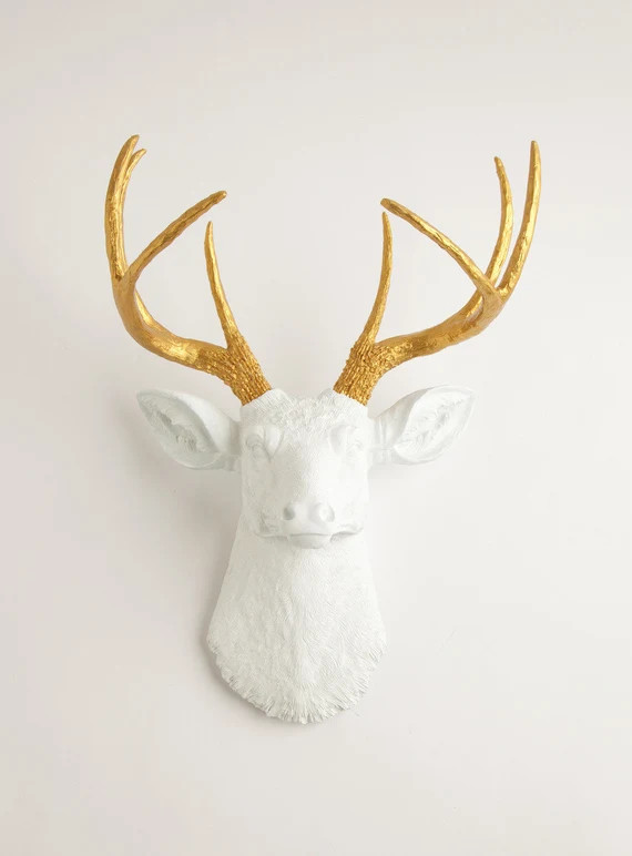 The Alfred Faux Deer_Head Wall Mount, White & Gold Deer Head || Resin Stag Wall Decor by White Fa... | Etsy (US)