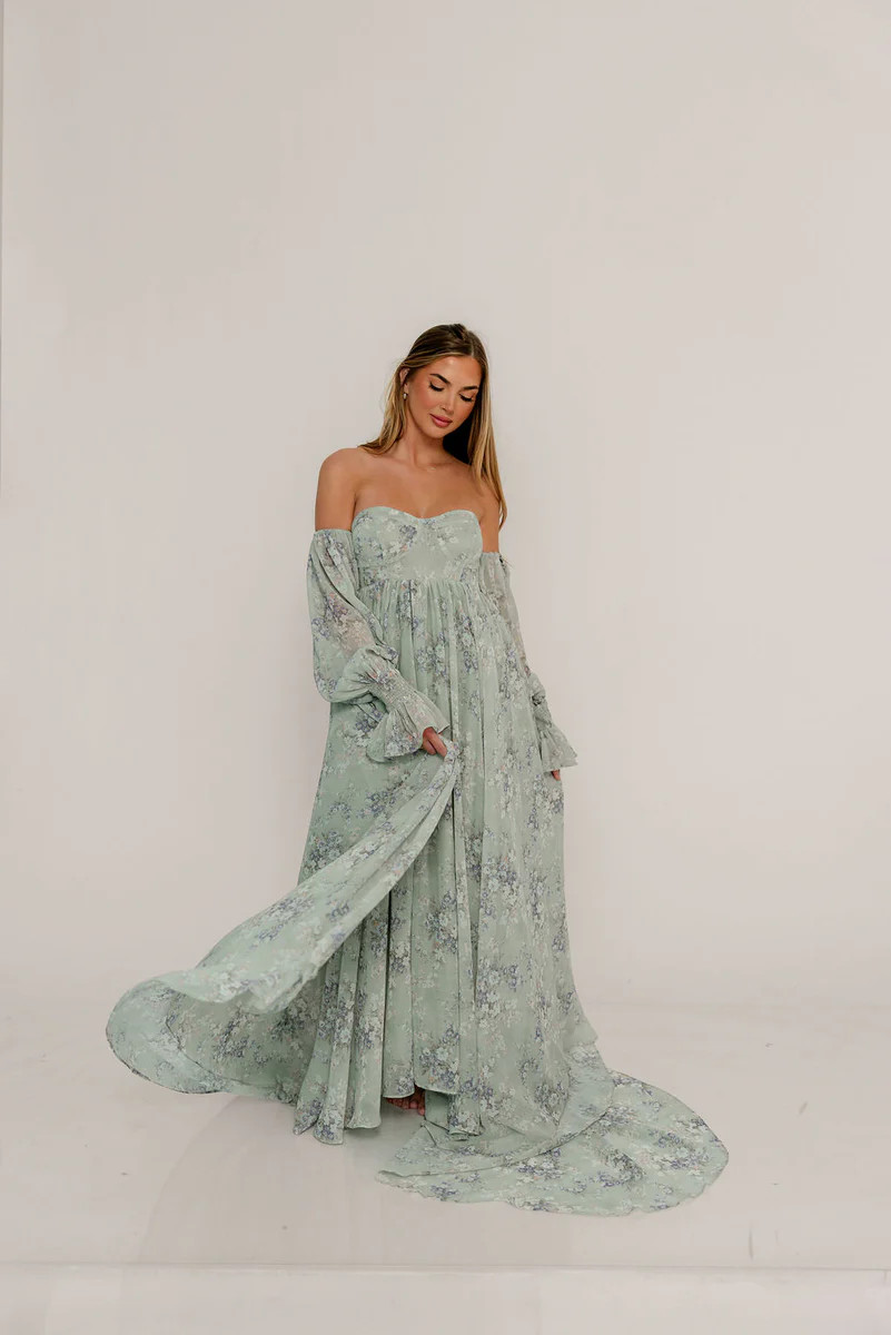 Delilah Maxi Dress with Train in Muted Sage Floral - Bump Friendly | Worth Collective