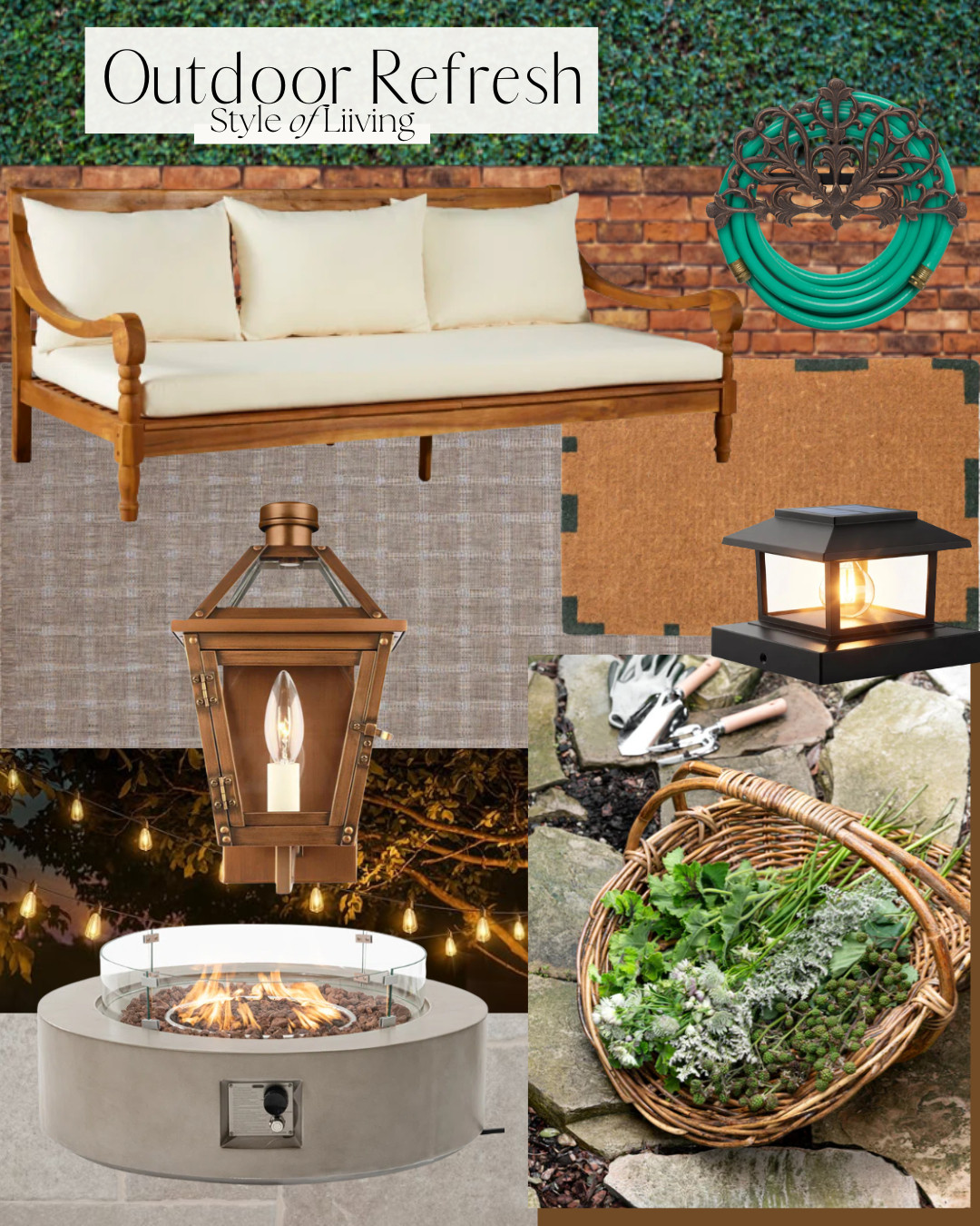 Outdoor refresh! Wayfair sofa, firepit, string lights, indoor outdoor rugs, McGee & Co. gardening basket, cast iron hose holder, door mat, lanterns, and more!
#patiofurniture #outdoorrefresh #stringlights #outdoorlighting #outdoorcouch #garden #lanterns 

 #LTKSeasonal #LTKHome