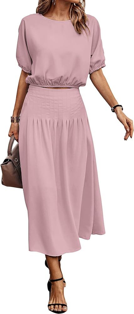 KIRUNDO 2023 Women's Two Piece Outfits Summer Dress Solid Casual Loose Puff Sleeve Crop Top and P... | Amazon (US)