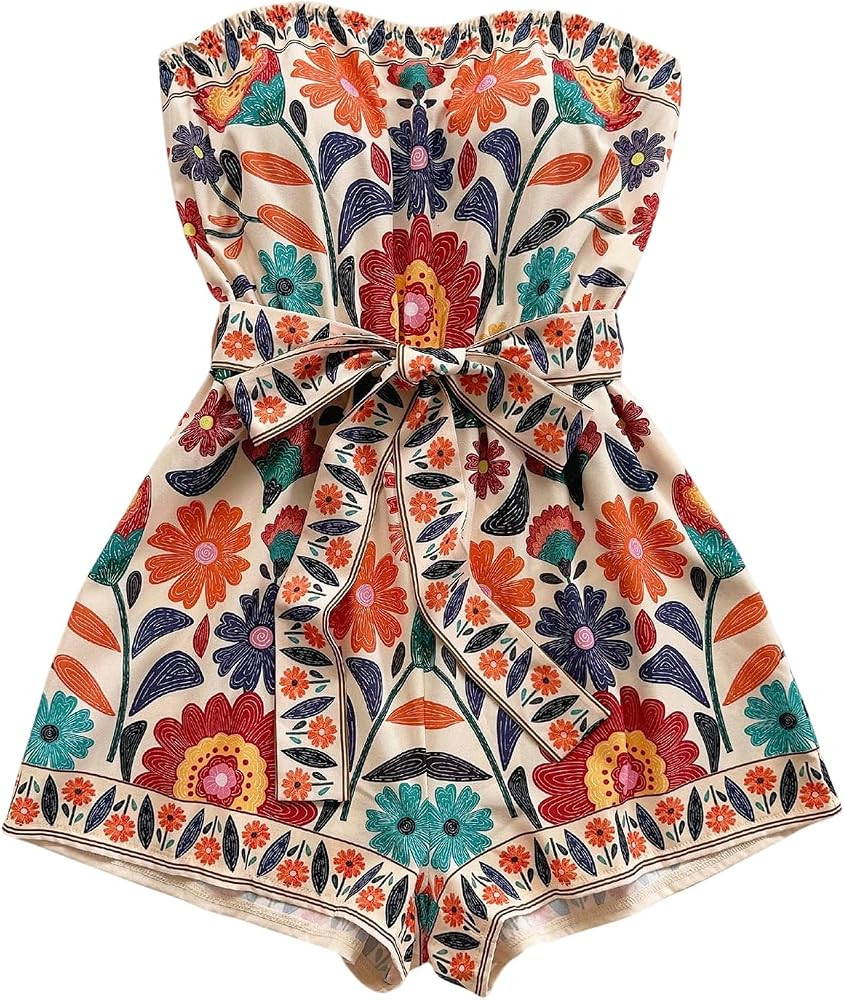 SweatyRocks Women's Boho Floral Print Strapless Romper Sleeveless Belted Shorts Jumpsuit Beach Va... | Amazon (US)