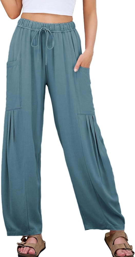 Duyang Women Linen Wide Leg Pants Casual Summer Palazzo Pants Beach Vacation Outfits Flowy Loose ... | Amazon (US)