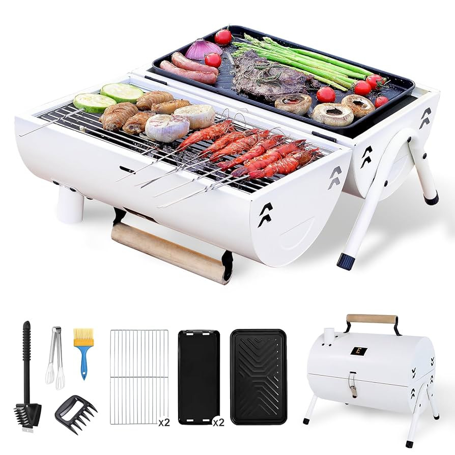 Portable Charcoal Grill Barbecue Grill Folding Set Double Sided +Barbecue Pan Net+6PCS Tools for ... | Amazon (US)