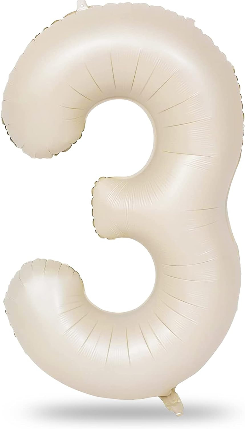 40 Inch Beige Large Numbers Balloons 3, Self Inflating Ivory White Digit 3 Helium Balloons for 3r... | Amazon (US)