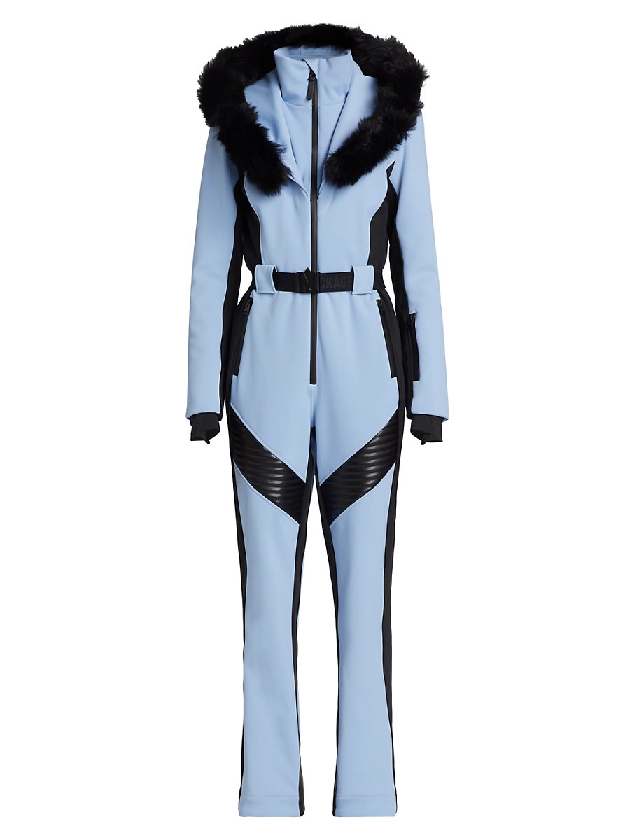 Women's Elle Belted Shearling-Trimmed Shell Ski Suit - Sky Blue - Size XL | Saks Fifth Avenue