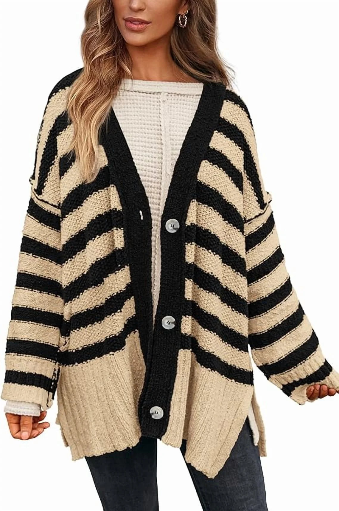PRETTYGARDEN Women's Winter Striped Cardigan Sweaters Long Sleeve Button Down Open Front Chunky K... | Walmart (US)