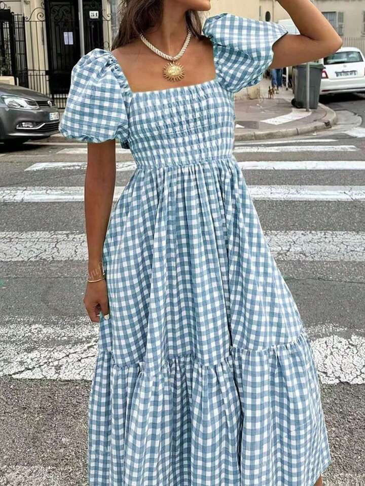 Elegant Gingham Ruched Hem Casual Bohemian Dress For Women, Suitable For Concerts, Blue And White, Modest, Casual Summer | SHEIN